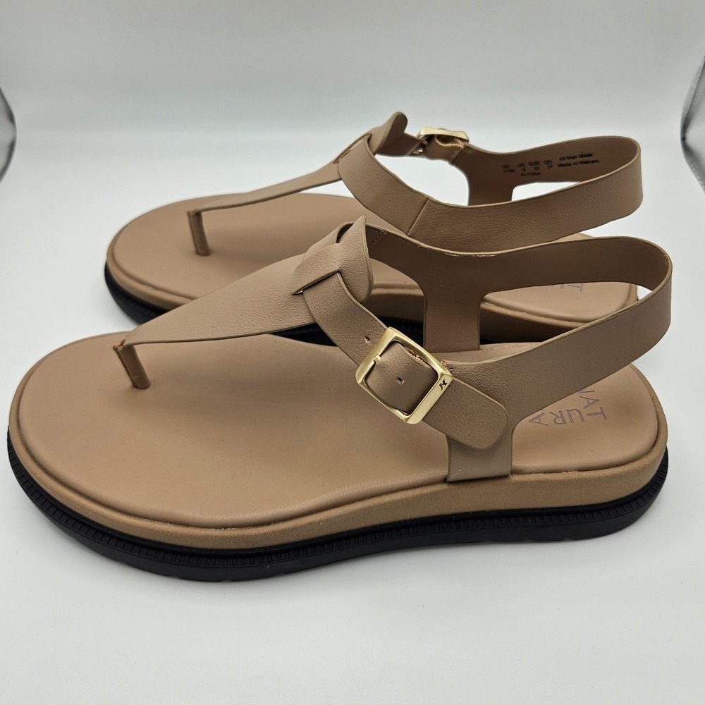 Naturalizer Alyssa Tan T-Strap Buckle Sandals Womens 11W Wide Flat J3320S1200 - Picture 2 of 7